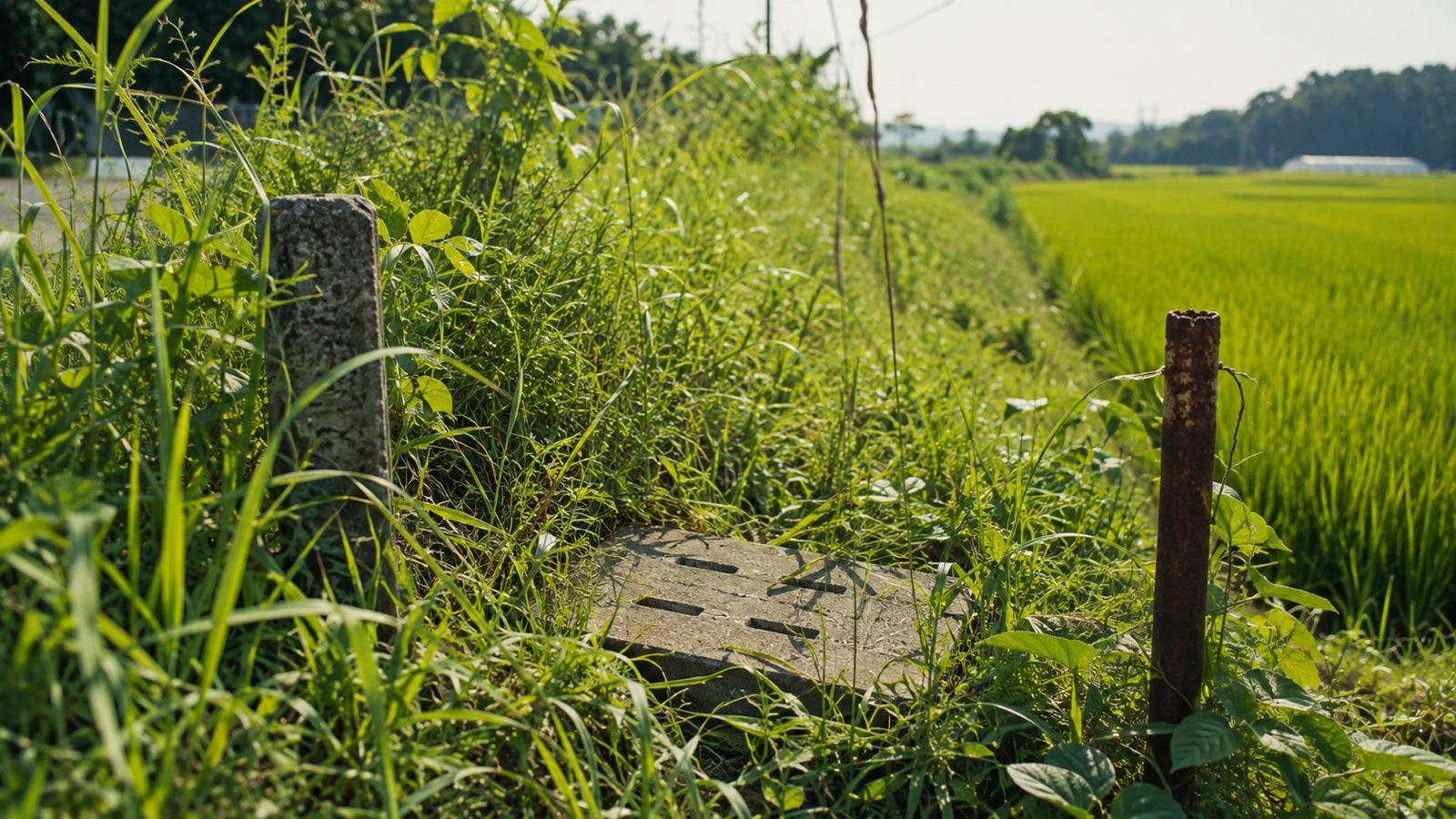 草に覆われた田んぼの畦畔と、そこに立つコンクリート杭・水路のふた——同じ面積でも障害物の数で必要な道具が変わることを示す夏の現場